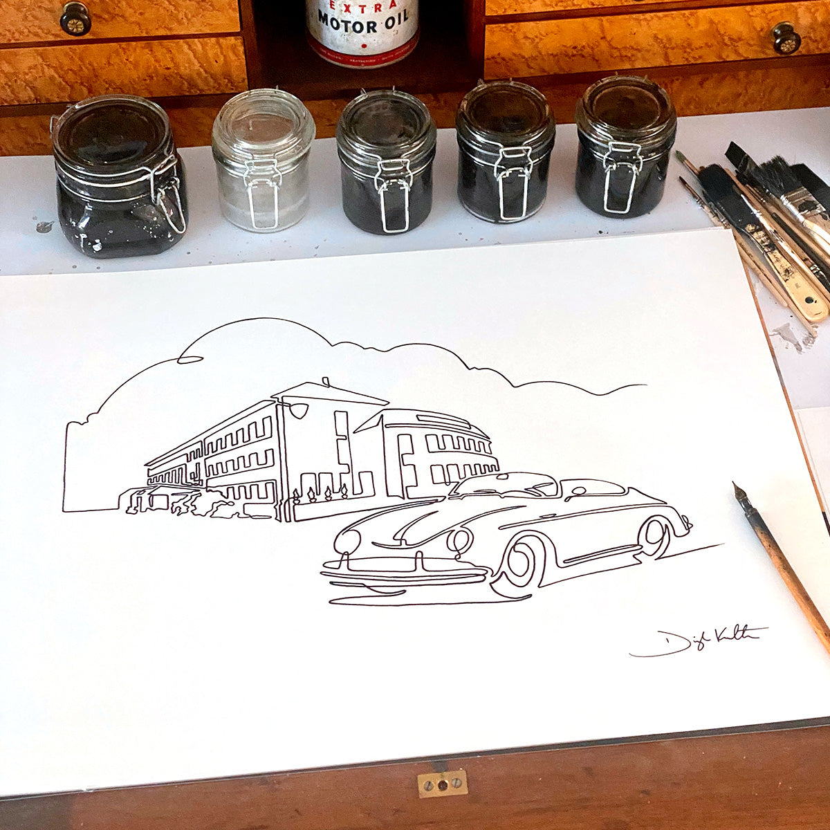 Porsche 356 at Werk One Single Line Drawing
